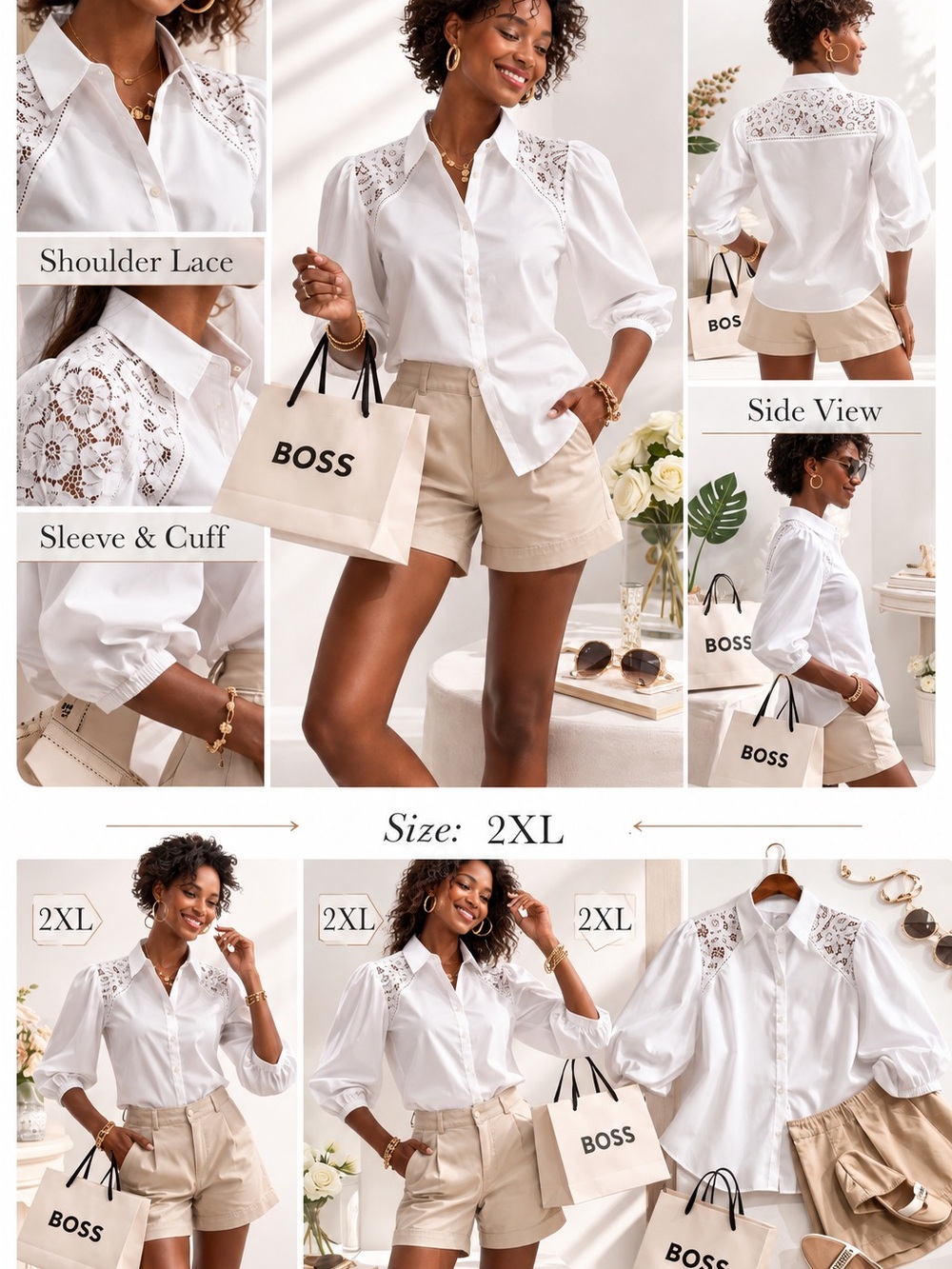 Boss White Button-Down Blouse with Lace Shoulder Panels